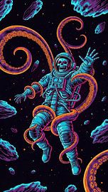 Skeleton Astronaut in Space Spooky Yet Aesthetic Space Art Illustration by AciiidArt