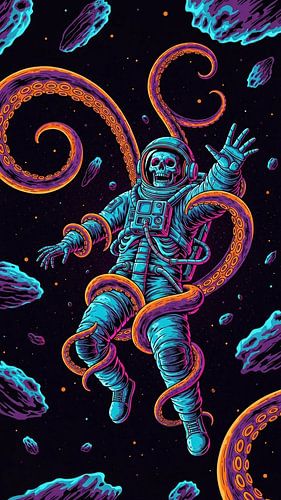 Skeleton Astronaut in Space Spooky Yet Aesthetic Space Art Illustration by AciiidArt