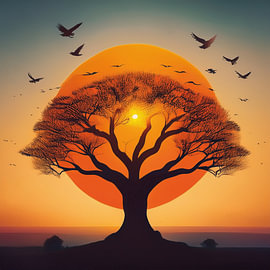 Baum, Vögel und eine große orangefarbene Sonne im japanischen Stil