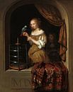 Young woman in a window feeding a parrot, Caspar Netscher by Masterful Masters thumbnail
