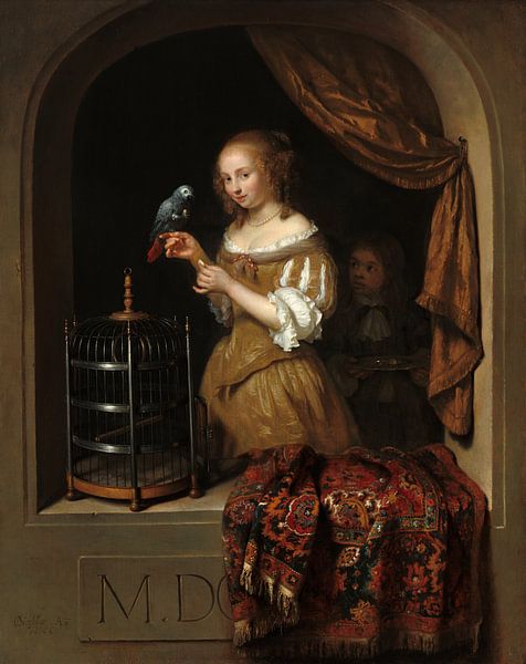 Jonge vrouw in een venster dat een papegaai, Caspar Netscher voedt, voedt van Meesterlijcke Meesters