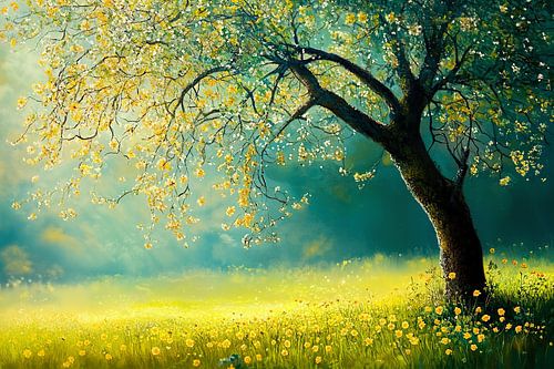 Boom Bloemen | Boom in Bloei met Geel Bloemenveld van Kunst Kriebels