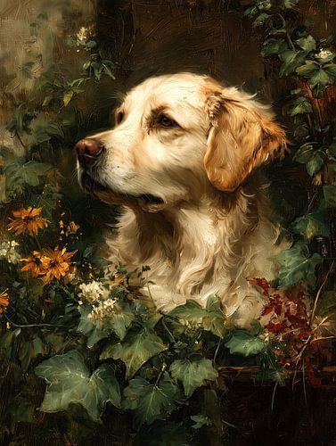 Golden retriever tussen klimop en bloemen