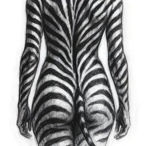 Zebra bodypainting vrouw (AI) (krachtig, naakt, bloot, rug, billen, gedurfd, intiem, mysterieus, zwart wit strepen)