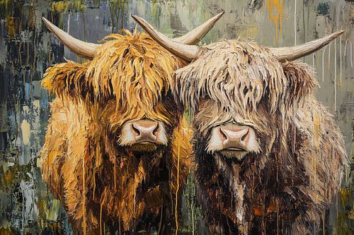 Twee abstracte Schotse hooglanders