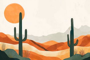 Woestijnlandschap met cactussen en zon van Poster Art Shop