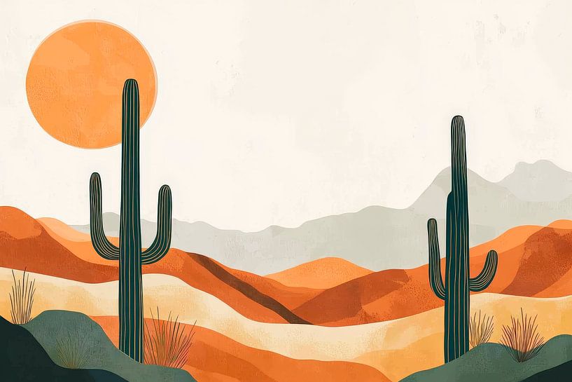 Woestijnlandschap met cactussen en zon van Poster Art Shop