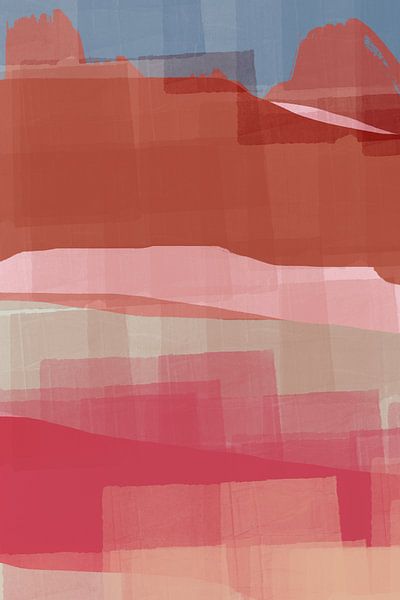 Abstrakte Landschaft in Hellrot, Terra, Blau und Rosa I von Dina Dankers