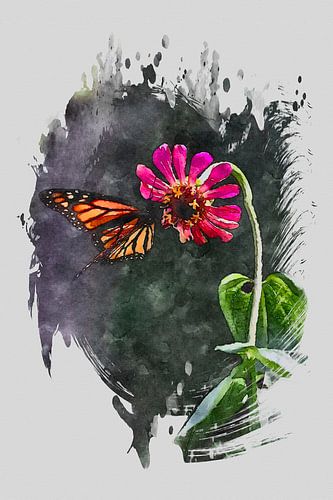 Bloem met vlinder in waterbrush-stijl