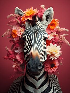 Floral Zebra Portrait - Elegant Stripes and Flowers by Eva Lee