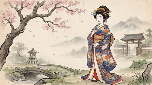 Eine anmutige Geisha, die unter Kirschblüten in einem ruhigen japanischen Garten spaziert