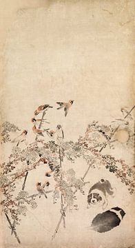 Nagasawa Rosetsu.Welpen, Spatzen und Chrysanthemen