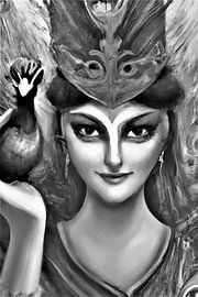 Oriental woman with peacock black and white portrait by Maud De Vries