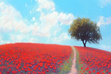 Champ de coquelicots avec arbre