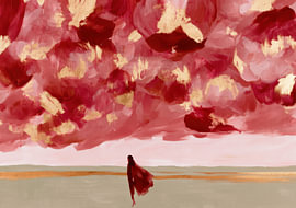 Abstrakte Landschaft in Rot und Gold mit einsamer Figur von Niklas Maximilian