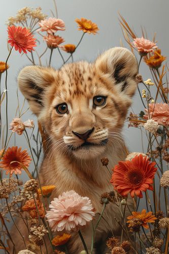 Lion cub in Flower Meadow - Cute Field Resident