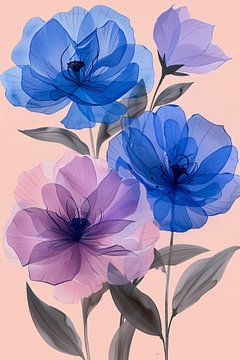 Kleurrijk abstract bloemen schilderij in blauw en paars van De Muurdecoratie