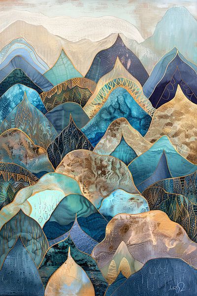 Berglandschap in blauw en goud van Poster Art Shop