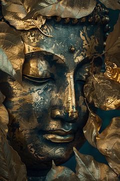 Blauwe en Gouden Boeddha met Bladmotieven van De Muurdecoratie