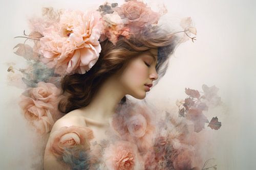 Vrouw met gesloten ogen en bloemenkroon in warme pasteltinten.
