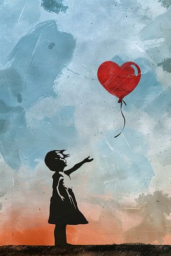 Silhouet van meisje met rode hartvormige ballon