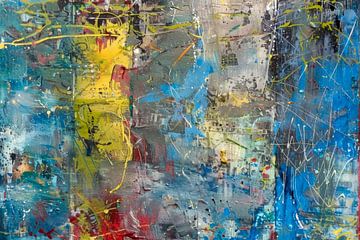 Abstract, schilderij, blauw, geel, rood en grijs van BowiScapes