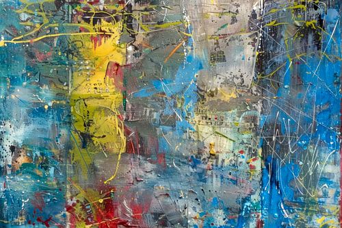 Pollock Stijl - Blauw Geel Krachtig Abstract Schilderij