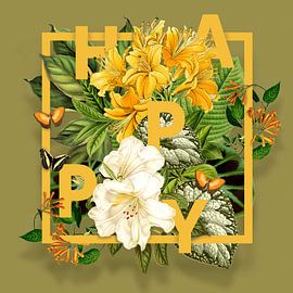 'Happy' in Botanical Yellow mit dunklem Hintergrund von Behindthegray