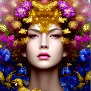 Jardin d'Eden VIII -portrait de l'innocence avec couronne florale décorative et oiseaux chanteurs do sur Lily van Riemsdijk - Art Prints with Color