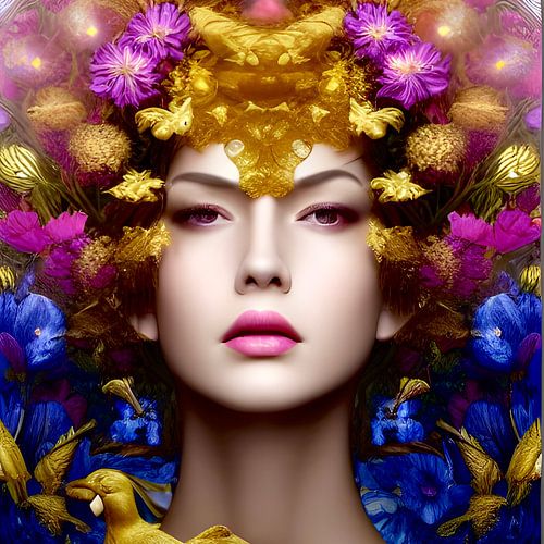 Garden of Eden VIII -portrait of innocence with decorative floral crown and golden songbirds -color