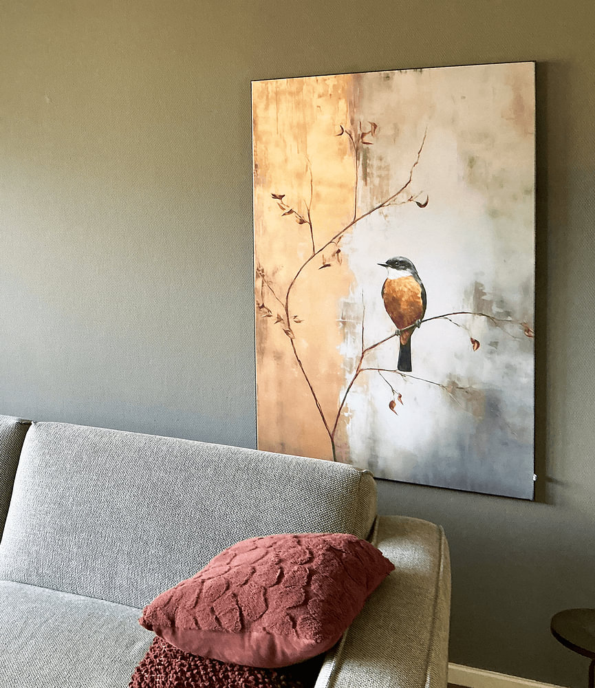 Bird on branch in Gold, by Caroline Drijber Guérain