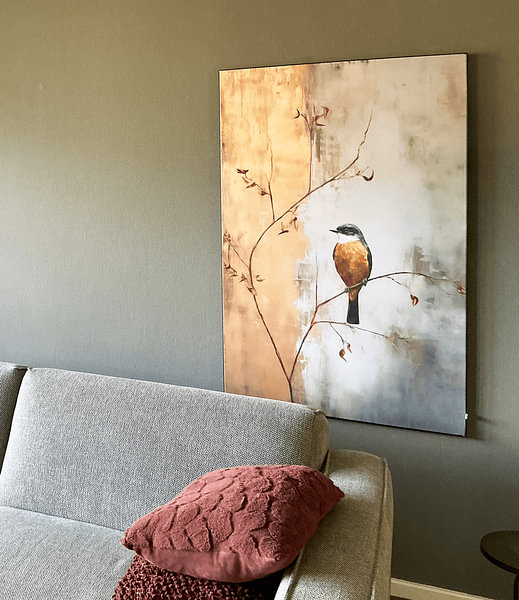 Klantfoto: Vogel op tak in Goud van Caroline Drijber Guérain, als ArtFrame