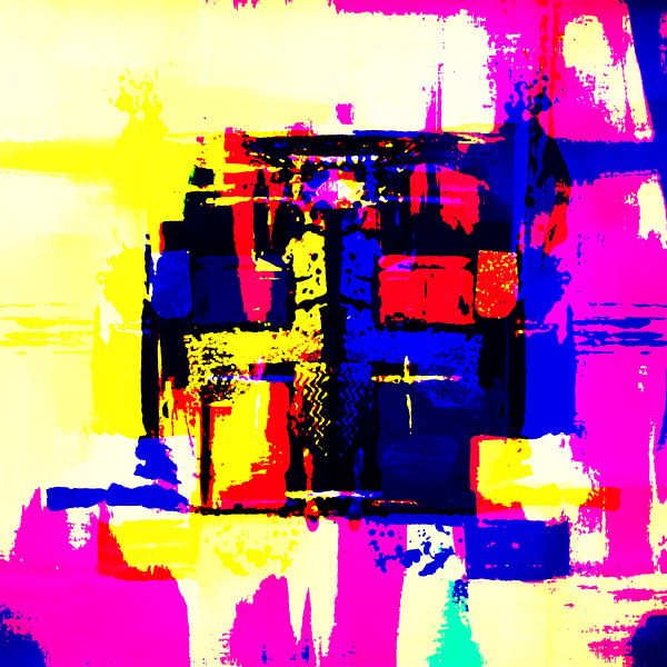 Modernes, abstraktes digitales Kunstwerk in Gelb-Rosa-Blau von Art By Dominic