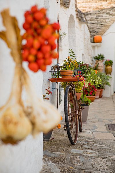 Oude fiets in een charmant straatje in Alberobello (Puglia) van Laura V