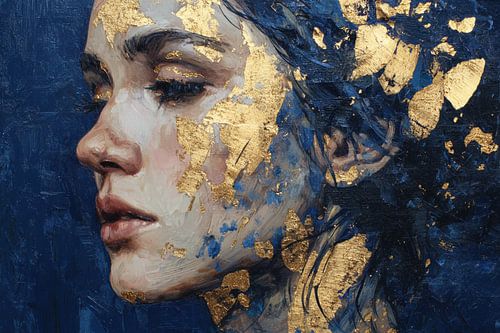 Golden Depth – Abstraktes Porträt in Blau und Gold