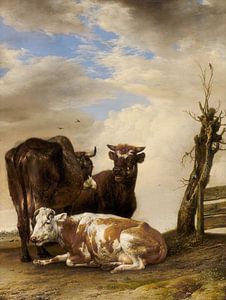 Deux vaches et un jeune taureau près d'une clôture dans un pré, Paulus Potter