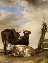 Deux vaches et un jeune taureau près d'une clôture dans un pré, Paulus Potter par Des maîtres magistraux Aperçu