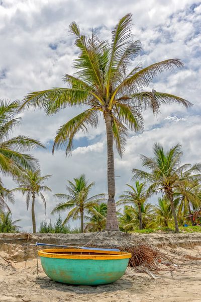 Traditional Vietnamese fishing boat on tropical beach by Richard van der Woude