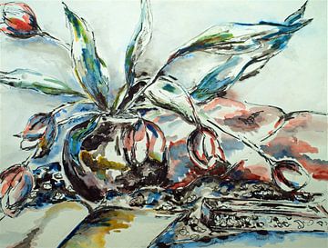 Glasvase mit Tulpen. Handbemaltes Aquarell. von Ineke de Rijk