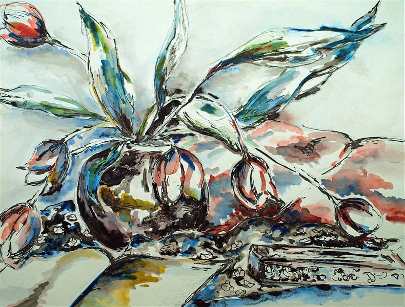 Glass vase with tulips. Hand-painted watercolour. by Ineke de Rijk