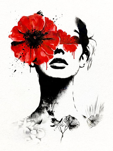 Portrait d'une femme au coquelicot rouge sur Julian Cross
