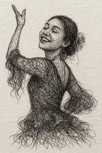 Jonge vrouw danst de flamenco (draadkunst op geschept papier portret beweging jurk fragiel)
