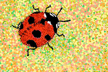 Coccinelle sur une feuille dans le style du mouvement pointilliste.