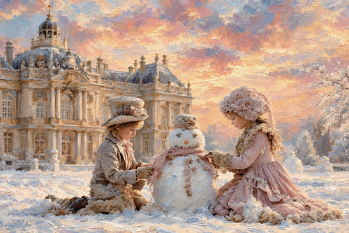 Kinder mit Schneemann – Ein verträumtes Schlossabenteuer