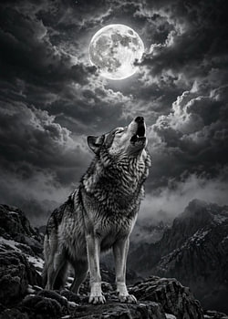 Un loup solitaire hurlant à la pleine lune dans un paysage montagneux spectaculaire, en noir et blanc