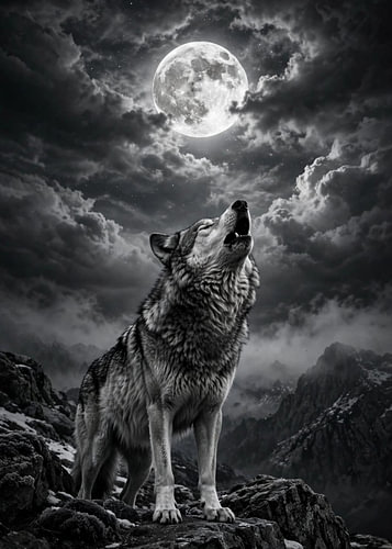 Een eenzame wolf huilt naar de volle maan in een dramatisch berglandschap – zwart-wit