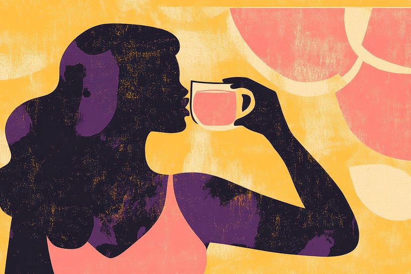 Frau mit Tasse vor buntem Hintergrund von Poster Art Shop
