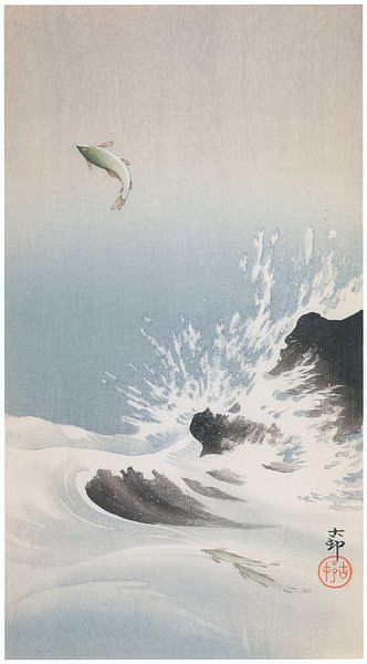 Ohara Koson - Springende zoetwatervis (bewerkt) van Peter Balan