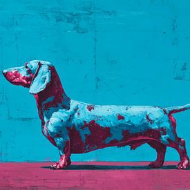 Colourful dachshund in blue and pink by Lauren Wilde