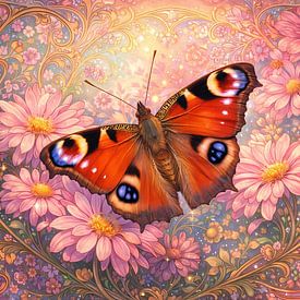 Tagpfauenauge auf rosa Blumen Jugendstil von Linda de Klein